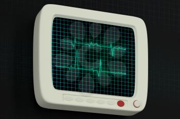 Glowing digital heartbeat line reflecting on the monitor, 3d rendering. Computer digital drawing.