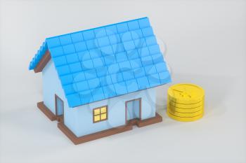 The small house model beside the golden coins, 3d rendering. Computer digital drawing.