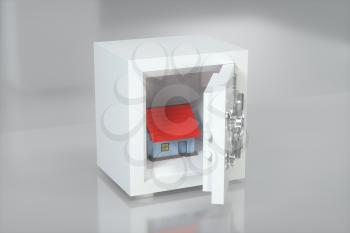 The small house model in the safe box, 3d rendering. Computer digital drawing.