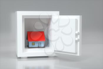 The small house model in the safe box, 3d rendering. Computer digital drawing.