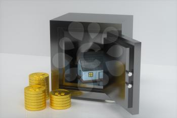 The small house model beside the golden coins, 3d rendering. Computer digital drawing.