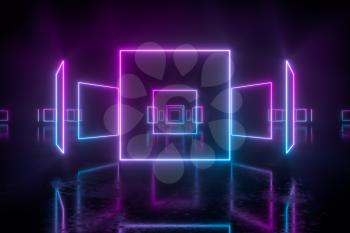 Geometric figures and neon lights,abstract conception,3d rendering. Computer digital drawing.