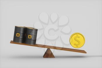 Oil barrel and dollar with white background,3d rendering. Computer digital drawing.