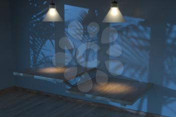 Empty room and shadows,wooden floor and ceiling lamp,3d rendering. Computer digital drawing.