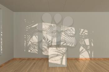 Empty room and marble still life,wooden floor,3d rendering. Computer digital drawing.