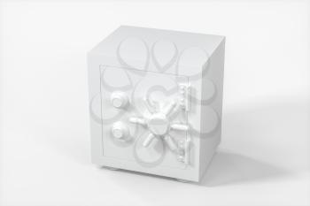 Mechanical safe, white box model with white background, 3d rendering. Computer digital drawing.