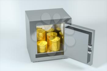 Mechanical safe, with shiny golden coins inside, 3d rendering. Computer digital drawing.