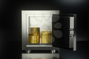 Mechanical safe, with shiny golden coins inside, 3d rendering. Computer digital drawing.