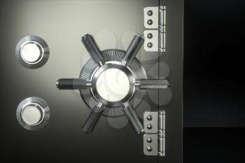 Mechanical safe, with the door closed, 3d rendering. Computer digital drawing.
