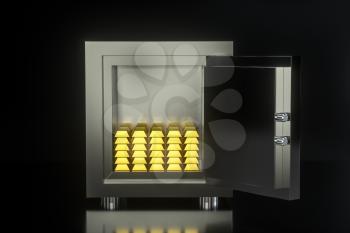 Mechanical safe, with gold bar inside, 3d rendering. Computer digital drawing.