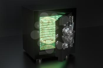 Mechanical safe, with digital numbers inside, 3d rendering. Computer digital drawing.
