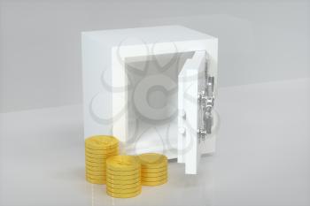 Mechanical safe, with shiny golden coins beside, 3d rendering. Computer digital drawing.