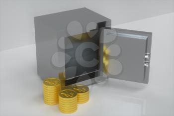 Mechanical safe, with shiny golden coins beside, 3d rendering. Computer digital drawing.