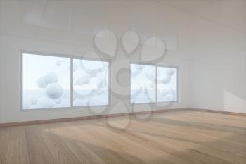 Spheres floating on the sea,empty room,abstract conception,3d rendering. Computer digital drawing.