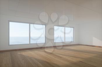 The empty room with wooden floor. Out of the window is the sea. 3d rendering. Computer digital drawing.