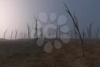 Bare saplings and barren hillsides,3d rendering. Computer digital drawing.