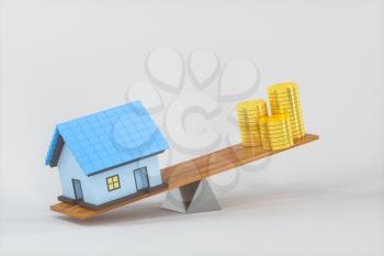 Balance of money and house,abstract conception, 3d rendering. Computer digital drawing.