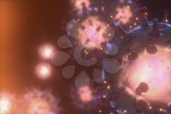 Dispersed corona viruses with dark background, 3d rendering. Computer digital drawing.