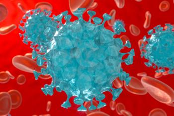 Dispersed corona viruses with blood background, 3d rendering. Computer digital drawing.