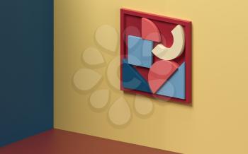 Room with creative geometrical shapes on the wall, 3d rendering. Computer digital drawing.