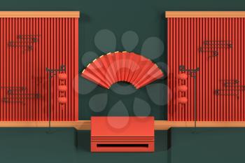 Chinese style end table and decorative background, 3d rendering. Computer digital drawing.