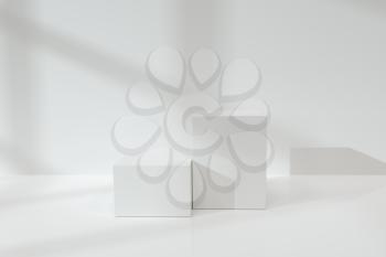 White cubic podium on the floor, 3d rendering. Computer digital drawing.