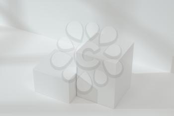 White cubic podium on the floor, 3d rendering. Computer digital drawing.