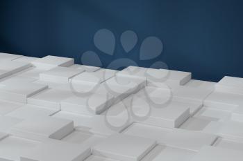 White cubic floor with blue wall background, 3d rendering. Computer digital drawing.