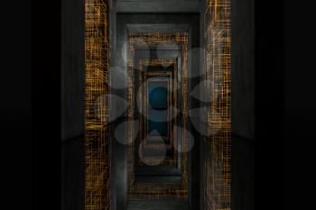 Dark tunnel with golden circuit lines, 3d rendering. Computer digital drawing.