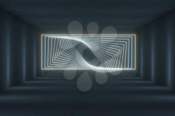 Glowing rectangle lines in the dark tunnel, 3d rendering. Computer digital drawing.