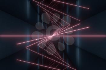 Glowing lines in the dark tunnel, 3d rendering. Computer digital drawing.
