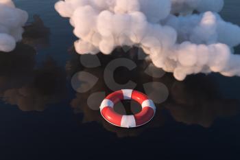 Life buoy on the ocean surface, 3d rendering. Computer digital drawing.