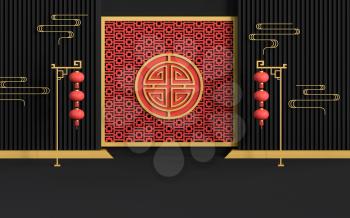 Chinese style stage and decorative background, 3d rendering. Computer digital drawing.