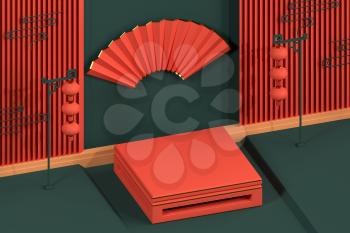 Chinese style end table and decorative background, 3d rendering. Computer digital drawing.