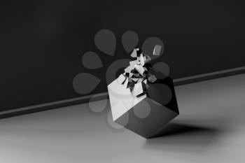 Gray split cube in sketch style, 3d rendering. Computer digital drawing.