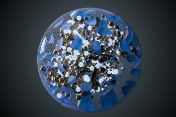 The broken pieces of the crystal and balls in the grid sphere, 3d rendering. Computer digital drawing.