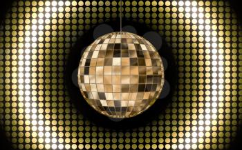 Shiny disco ball with golden light background, 3d rendering. Computer digital drawing.
