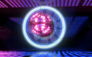 Shiny disco ball with neon light background, 3d rendering. Computer digital drawing.