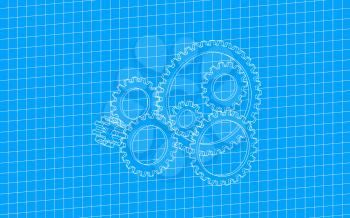 Gear design with blueprint style, grid pattern, raster illustration. Computer digital drawing.