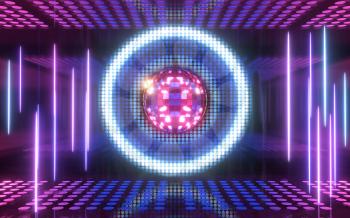 Shiny disco ball with neon light background, 3d rendering. Computer digital drawing.