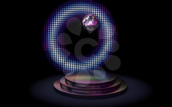 Empty metal product platform with a disco ball on the top, 3d rendering. Computer digital drawing.