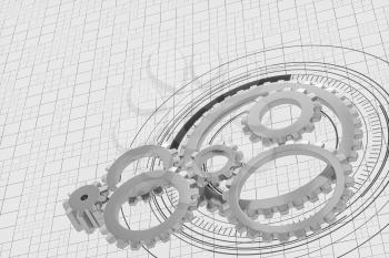 Mechanical gears and blueprint lines, 3d rendering. Computer digital drawing.