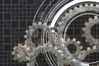 Mechanical gears and blueprint lines, 3d rendering. Computer digital drawing.