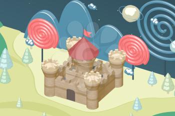 Cartoon castle and candy in the wild, raster illustration. Computer digital drawing.