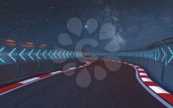 View of the infinity empty asphalt international race track, 3d rendering. Computer digital drawing.