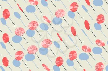 Candy pattern, pink lollipop with pale yellow background, raster illustration. Computer digital drawing.