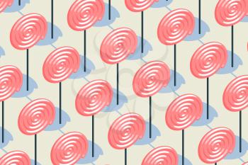 Candy pattern, pink lollipop with pale yellow background, raster illustration. Computer digital drawing.