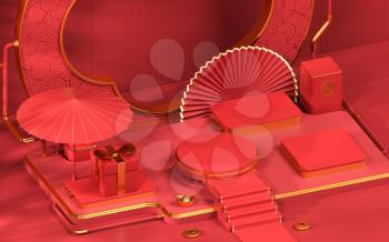 Empty showcase stage, Chinese style, 3d rendering. Computer digital drawing.