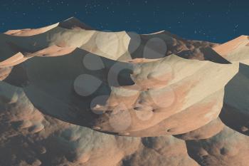 Mountain peaks at night, mountains terrain, 3d rendering. Computer digital drawing.
