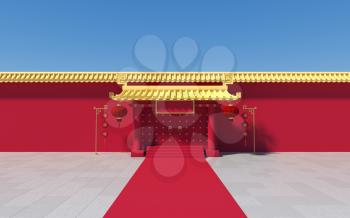 Chinese palace walls, red walls and golden tiles, 3d rendering.Translation: 'blessing'. Computer digital drawing.